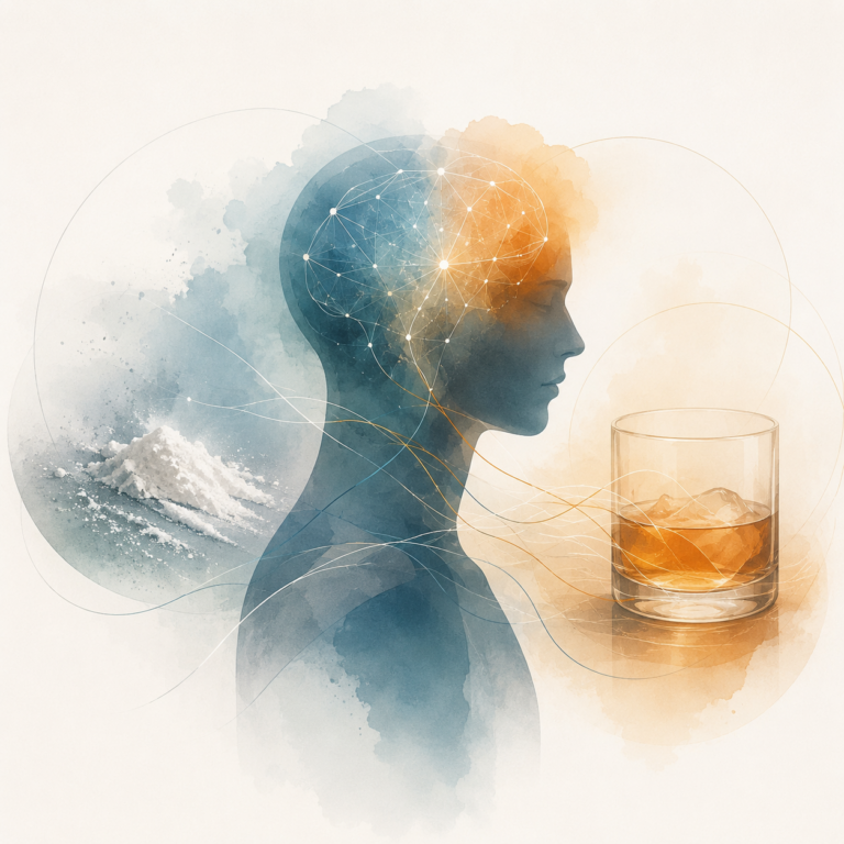 Abstrakte Illustration zum Mischkonsum von Kokain und Alkohol: In der Mitte ist das Profil einer menschlichen Silhouette in Blau- und Orangetönen zu sehen, mit einem leuchtenden, netzartigen Gehirn. Links liegt ein weißes Pulver als Symbol für Kokain, rechts ein Glas mit alkoholischem Getränk und Eiswürfeln. Fließende Linien verbinden die Elemente und deuten auf die Wirkung des Konsums auf den Körper und das Nervensystem hin.