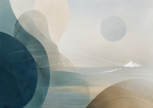 Abstrakte Illustration zu Kokain-Craving mit ruhigen Blau- und Beigetönen, fließenden Linien und zurückhaltender Symbolik für Suchtdruck.